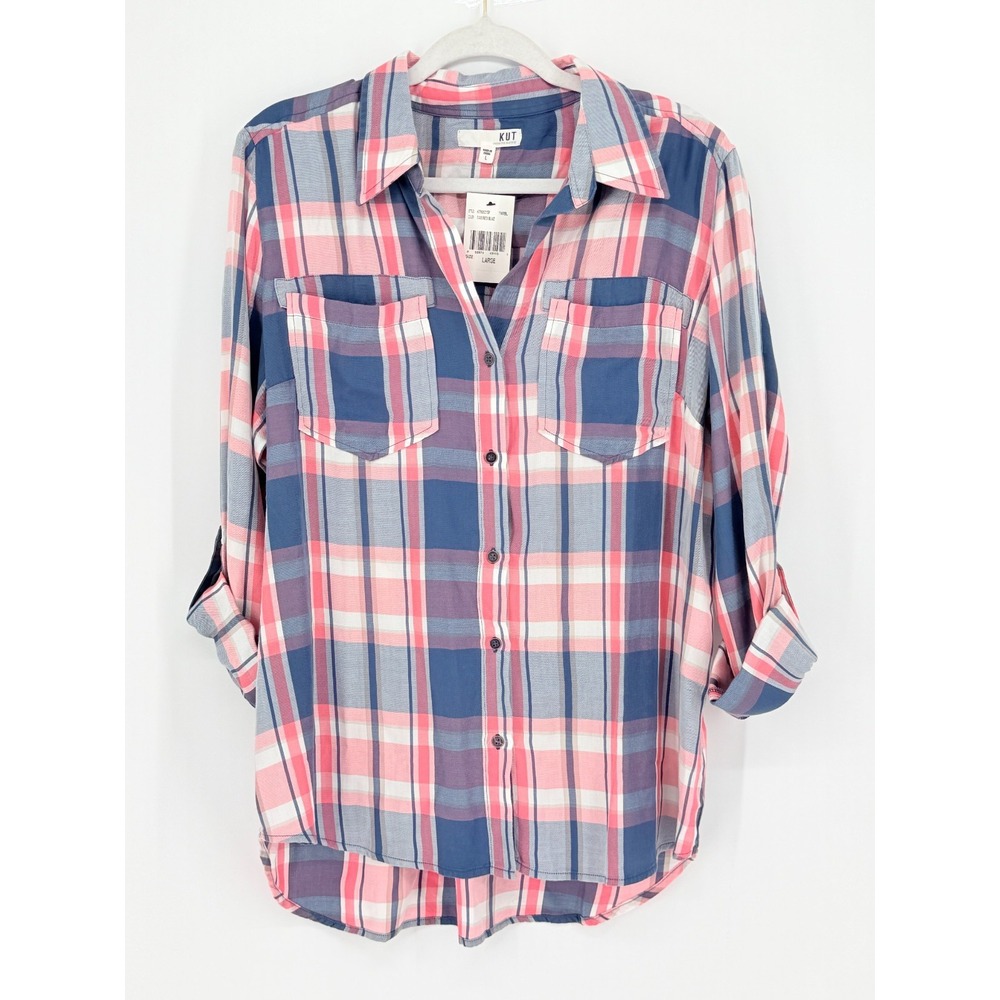 New Kut Womens Plaid Button Down Slouchy Shirt Outdoor Country Cowgirl Size L